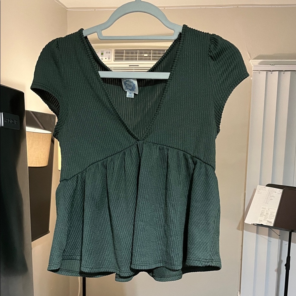 Blue Rain Forest Green V-Neck Peplum Blouse